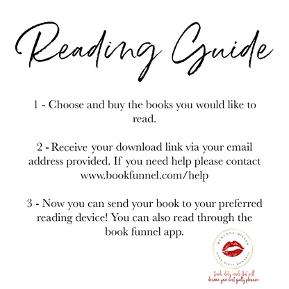 White background with a 'Reading Guide' detailing steps to buy, download, and send books to a device, featuring the logo 'McKenna Miller' at the bottom right.
