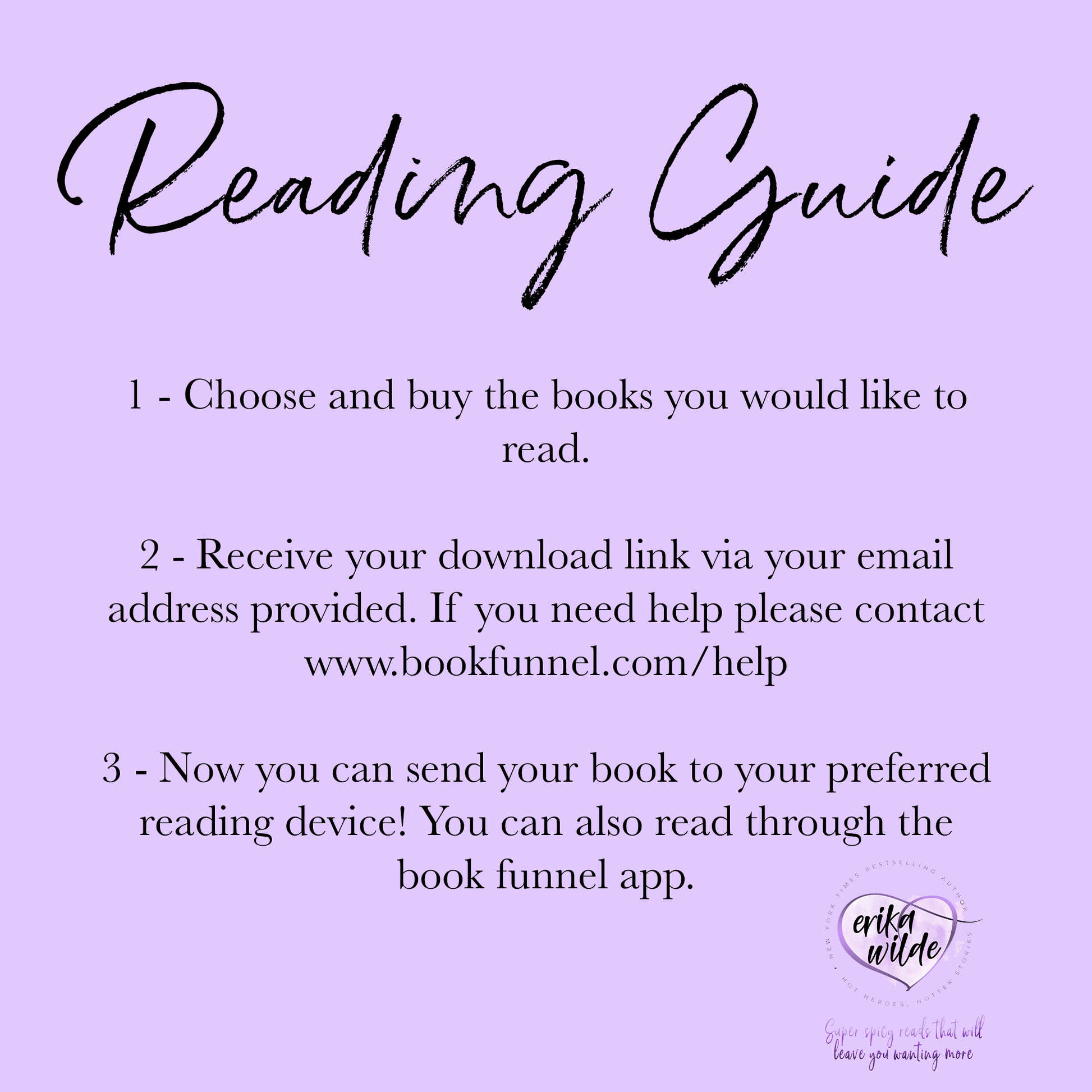 Purple background with a 'Reading Guide' detailing steps to buy, download, and send books to a device, featuring the logo 'Erika Wilde' at the bottom right.