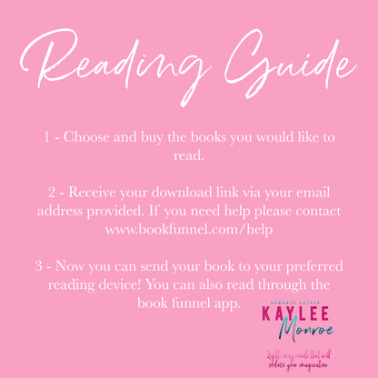 Pink background with a 'Reading Guide' detailing steps to buy, download, and send books to a device, featuring the logo 'Kaylee Monroe' at the bottom right.